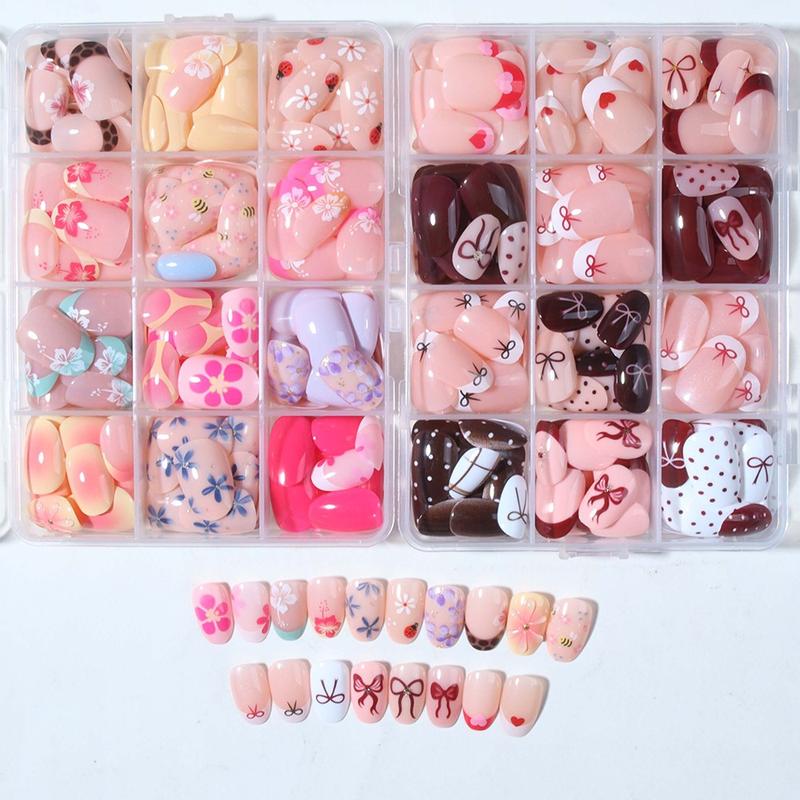 576pcs Short Oval 3D Gel Nail Tips, Mixed Designs, Glossy Finish, Perfect Fit, Summer Use, Daily & Party Nails, Acrylic False Nails Set