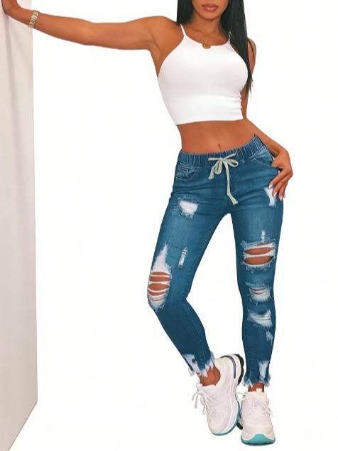 Women's High Waist Skinny Stretch Ripped Jeans Destroyed Denim Pants Plus Size Comfortable Material Fashionable Buttlifting Distressed Look