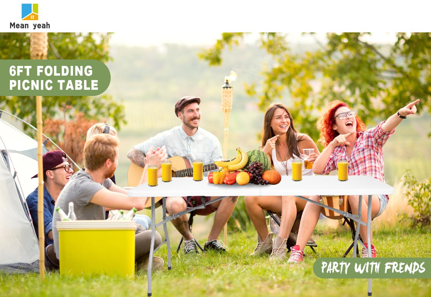 4/6FT Plastic Folding Table, Portable Picnic Table Outdoor, for Camping, Party, Wedding,Picnic, with Lock, Handle - White