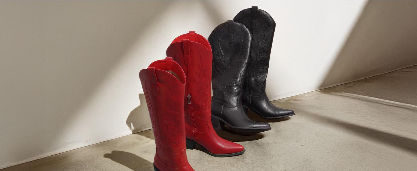 Western Cowboy Boots for Women - Knee High Wide Calf Cowgirl Boots, Slip On Pointed Toe Chunky Heel Fashion Retro Classic Pull On Tall Boot for ladies Party concert