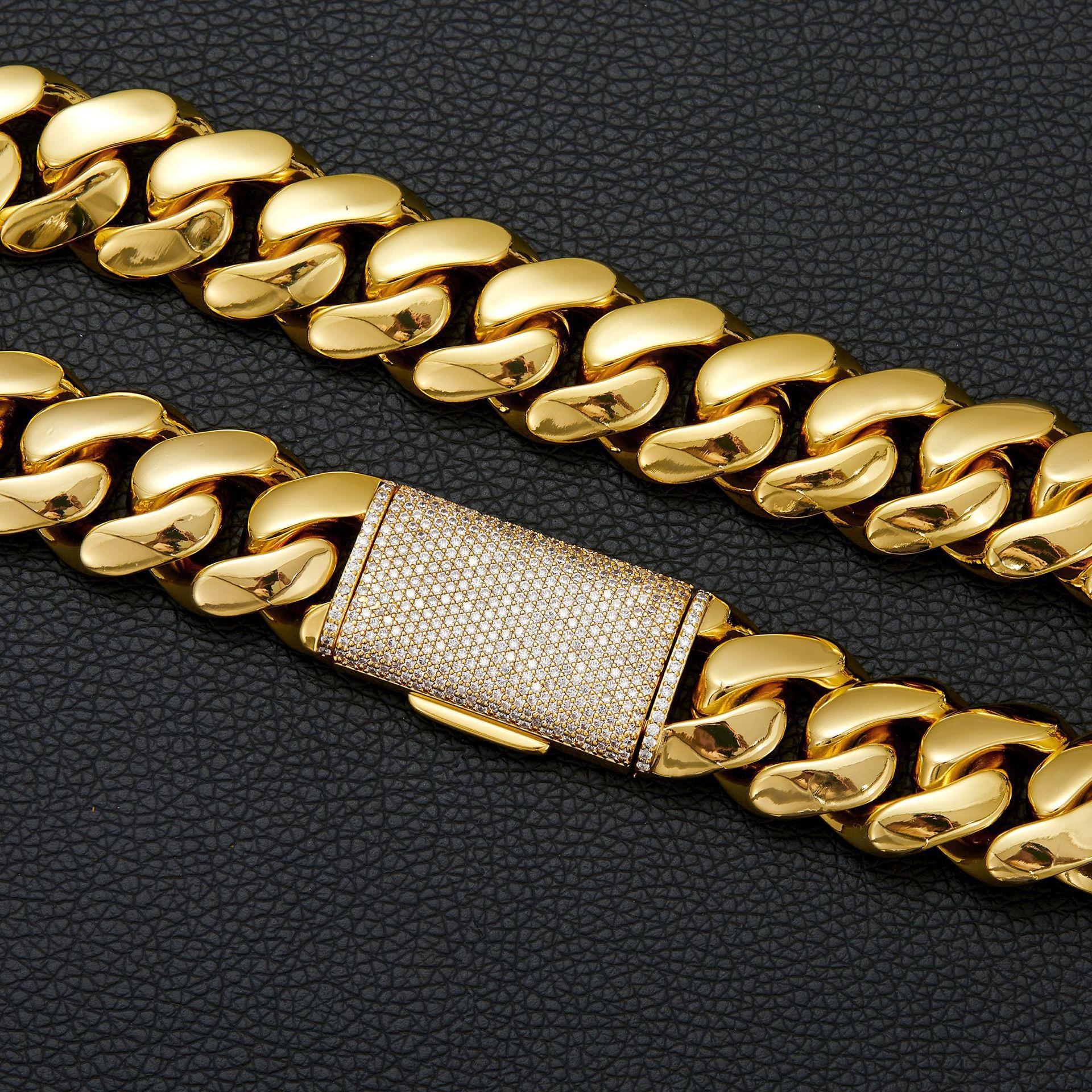 Retro Gold Cuban Chain Necklace, 8mm with a clasp closure. The clasp features zirconia accents. The chain is crafted from stainless steel. Bold hip-hop style, suitable for both men and women. Casual and fashionable, pairs effortlessly with any outfit.
