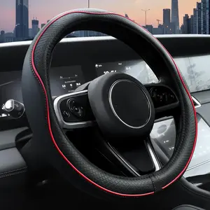 Car Steering Wheel Cover, Microfiber Leather Steering Wheel Covers with Anti-Slip Lining, Universal 14.5-15 inchs Black with Red line