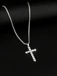 Hip-hop style twisted chain necklace with a cubic zirconia (CZ) simulated diamond cross pendant. Suitable for everyday wear, unisex, a popular and versatile piece of jewelry, and a great gift idea.