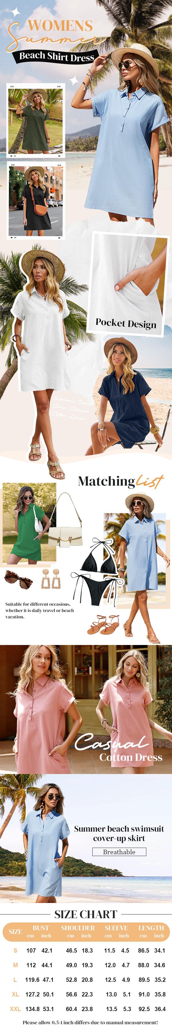 ZEAGOO  Women's Cotton Shirt Dress Summer Casual Short Sleeve Button Down Beach Cover Up Shirts with Pockets