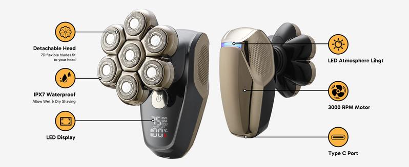 MISAM Pro Max 7,500 RPM 7D Magnetic Head Shaver for Bald Men IPX7 Waterproof Quick Charge Grooming Kit 6-in-1 LED Display Type-C Rechargeable Easy-Clean Detachable Heads