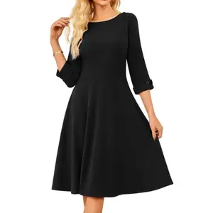 Grace Karin Women Boat Neck Dress OL 3/4 Sleeve Below Knee Flared A-Line Dress
