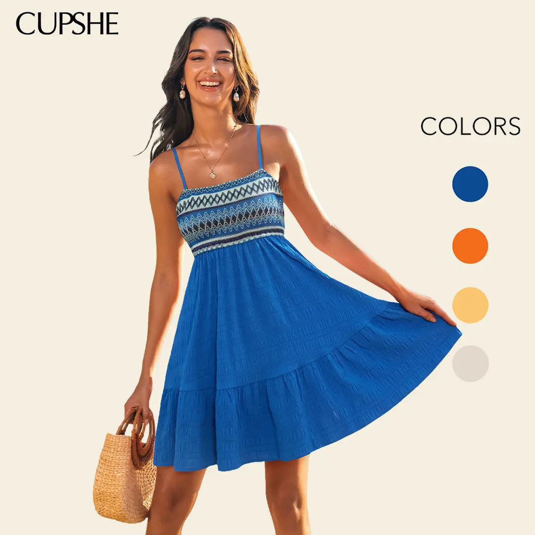 CUPSHE Women's Orange Sheer Woven Bohemian A-Line Sundress - Lightweight Square Neck Spaghetti Strap, Elastane-Polyester Blend, Resort & Summer Beach Casual Wear