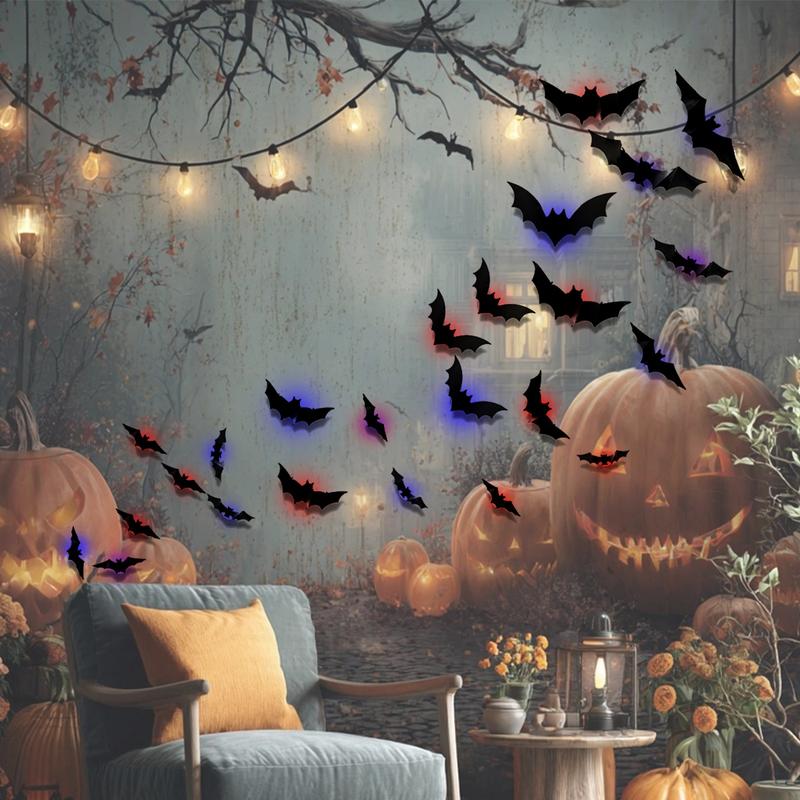 Halloween 3D Lighted Bats, 2025 New 3D Led Bats Lighted Stickers Decor Light - Hanging Wall Luminous Glow Clings for Home Bar Halloween Party (Bats-12pcs)