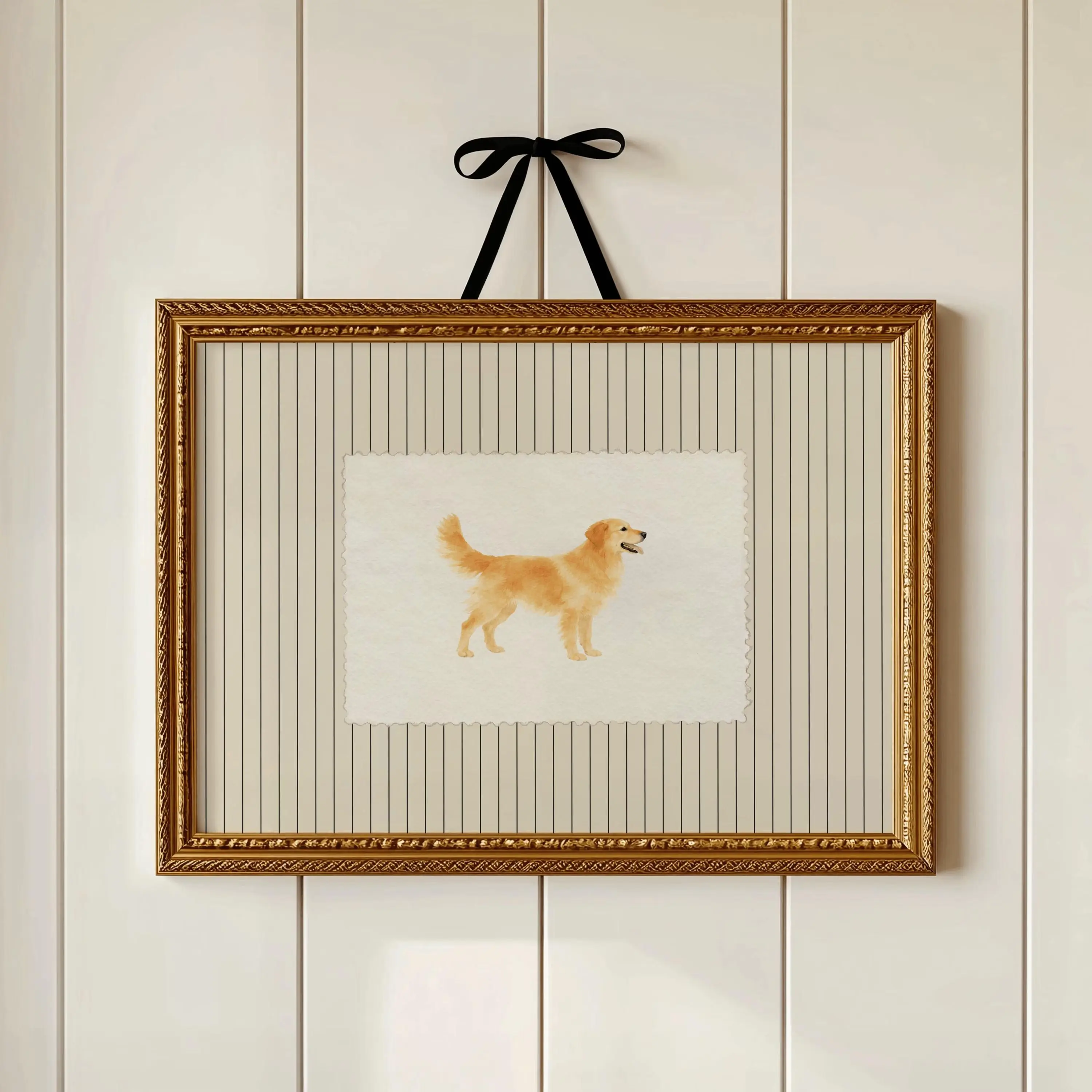 PHYSICAL PRINT Golden Retriever Print, Vintage Striped Dog Decor, Watercolor Pet Wall Art, Animal Cottagecore Poster (unframed)