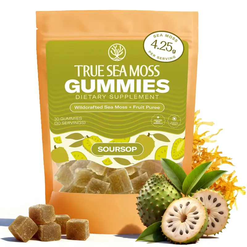 True Sea Moss Gummies – High Potency 4250mg Authentic Sea Moss Gel – Raw & Wildcrafted – Sweetened with Organic Coconut Sugar & Real Soursop Purée – 30 Gummies (30 Servings) Healthcare Dietary