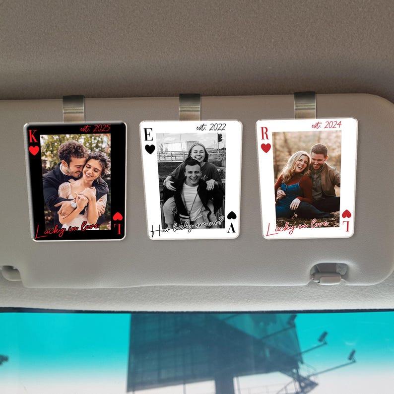Personalized Your Photo Car Hanging Keychain, Drive Safe Gift for Him, Valentine's Day Gift Boyfriend, Couple Playing Card Car Visor Clip