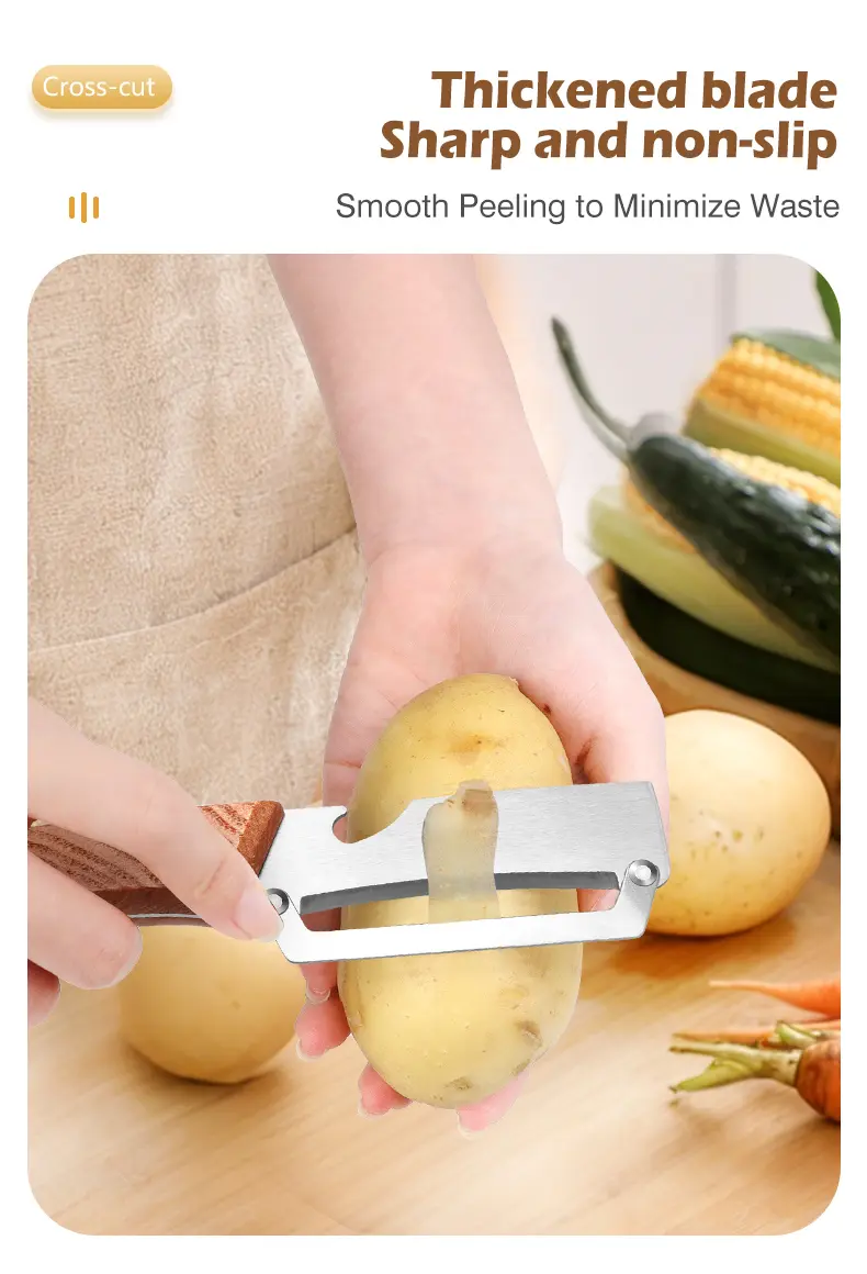 Stainless Steel Sharp Peeler with Wooden Non-Slip Ergonomic Handle, Built-In Bottle Opener, Long-Lasting Construction for Fruits & Vegetables, Essential Kitchen Tool