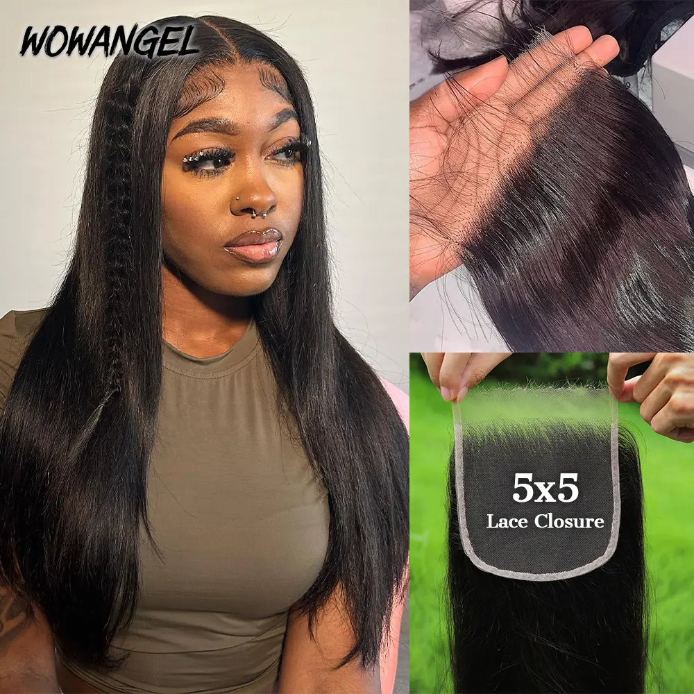 WOWANGEL 5X5 Skinlike Real HD Lace Closure Only Pre Plucked Natural Hairline Bleached Single Knots Ultra-thin 0.10mm Invisible HD Lace Straight Real Human Hair Body Wave HD Lace Closure 18 Inch Natural Color  For Woman
