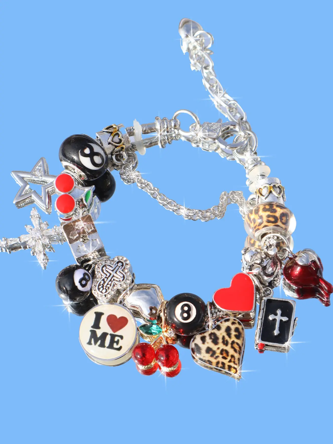 Cherry Charm Bracelet, Leopard Print Star Slogan Bracelet, Dark Heart Cherry Skull Bracelet, Cross Star Bracelet, Punk Music Festival Bracelet, Stacked Design Bracelets, Chain Bracelet, Punk Style Jewelry
