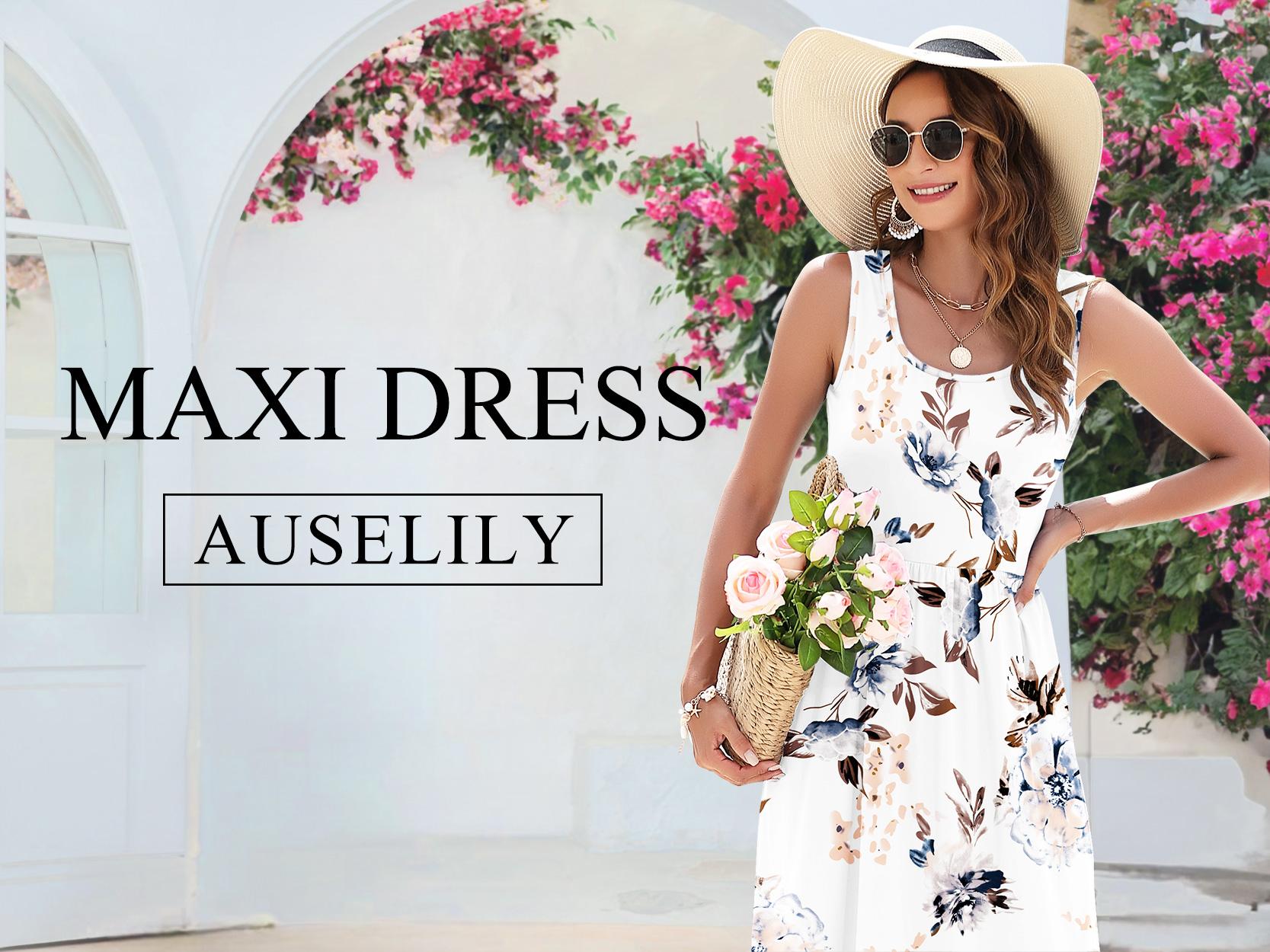 AUSELILY 2026 Womens Summer Dresses Sleeveless Maxi Dress Square Neck Casual Tiered Swing Dress with Pockets Summer Dress Sunshine Floral SpringStatements