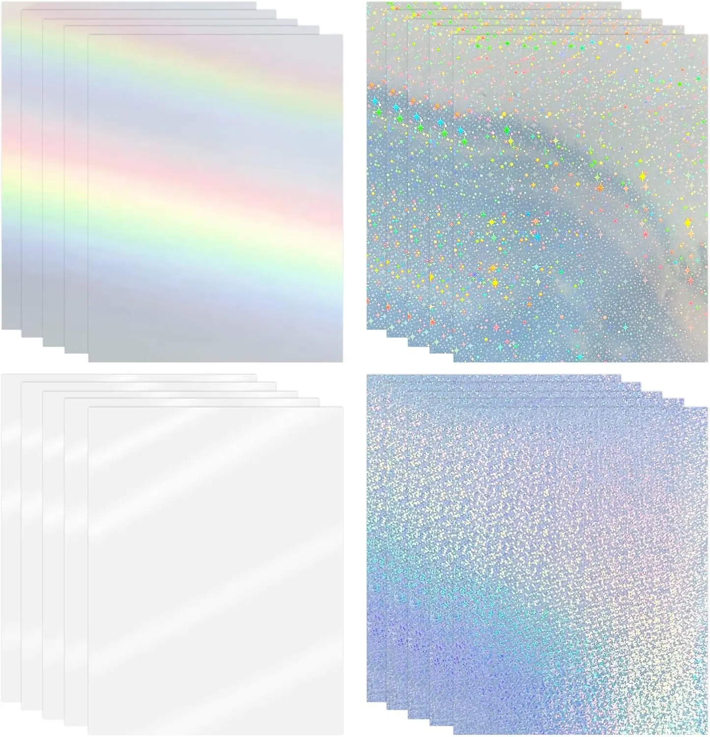 STARBOLING Printable Vinyl Holographic Sticker Paper - Inkjet & Laser Printer Compatible, 8.5x11 in, Self-Adhesive, Waterproof, Easy to Write, Highly Absorbent - Star, Rainbow, Dots, Transparent Designs, 20 Sheets, Hassle-Free Printing