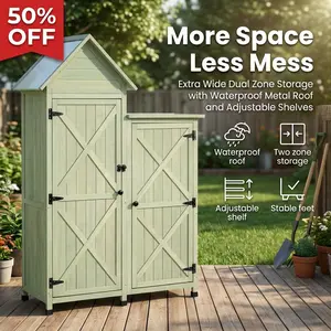 Outdoor Storage Cabinet Extra Wide Wooden Garden Tool Shed with Waterproof Metal Roof Dual Zone Vertical Design Adjustable Shelves Six Stable Feet Weather Resistant Patio Backyard Lawn Organizer for Long Handle Tools and Supplies