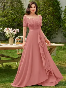 Miusol 24449A Women's Off Shoulder Classic Floral Lace Ruffle Short Sleeve Formal Wedding Party Bridesmaid Maxi Dress