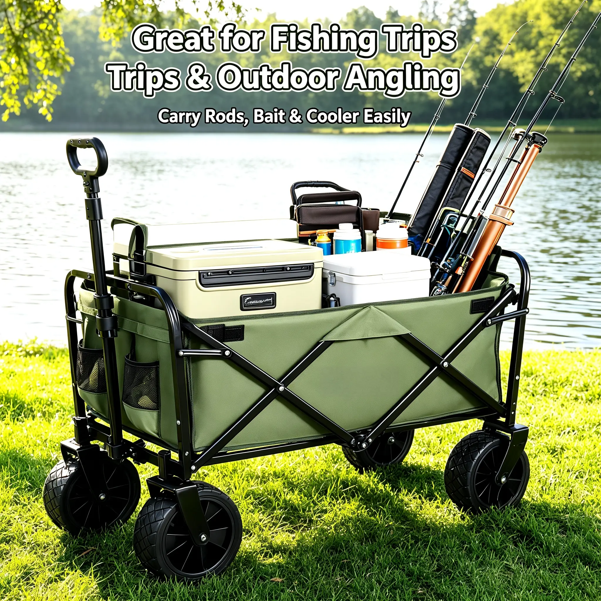 Heavy-Duty Oxford Cloth Large-Wheel Collapsible Utility Wagon - Hunting Game Load Transport Cart with Adjustable Handle, Side Storage Pockets, Folds Easily Slimly, Max 225lbs for Camping, Grocery Shopping, Garden Use