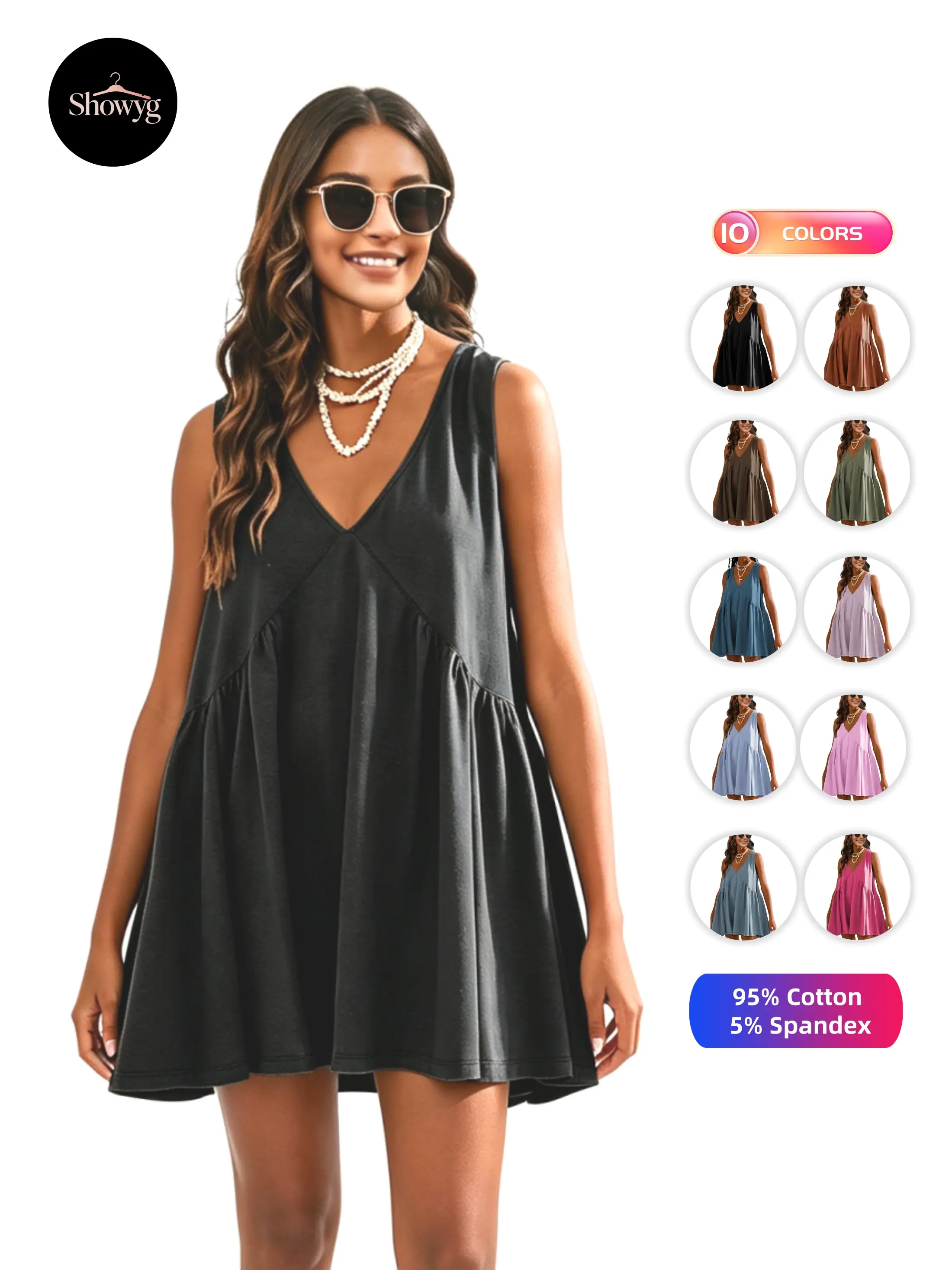 Showyg Women's Basic A-Line Oversized V-Neck Sleeveless Pleated Above Knee Cotton Sundress - 95% Cotton 5% Spandex, Breathable Casual Summer Beach Vacation Cover Up Loungewear, Soft Cotton, Cute