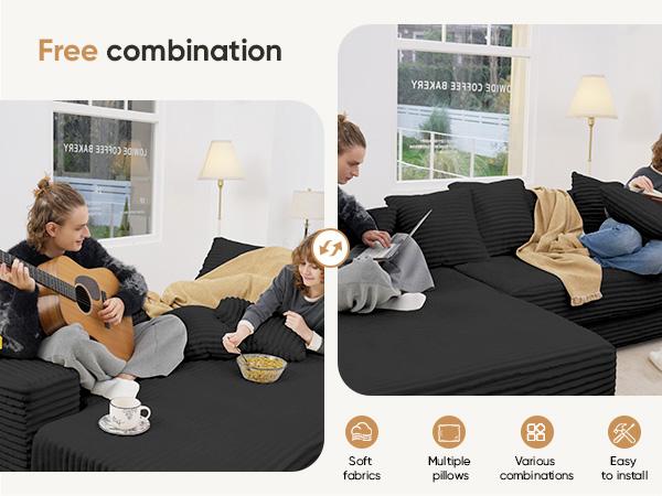 【3 Packages shipping】111‘’ Sectional Cloud Couches with L Shaped Chaise, Extra Large Sleeper Couch Reversible Corduroy with 8pcs Pillows for Living Room, Bedroom-Beige