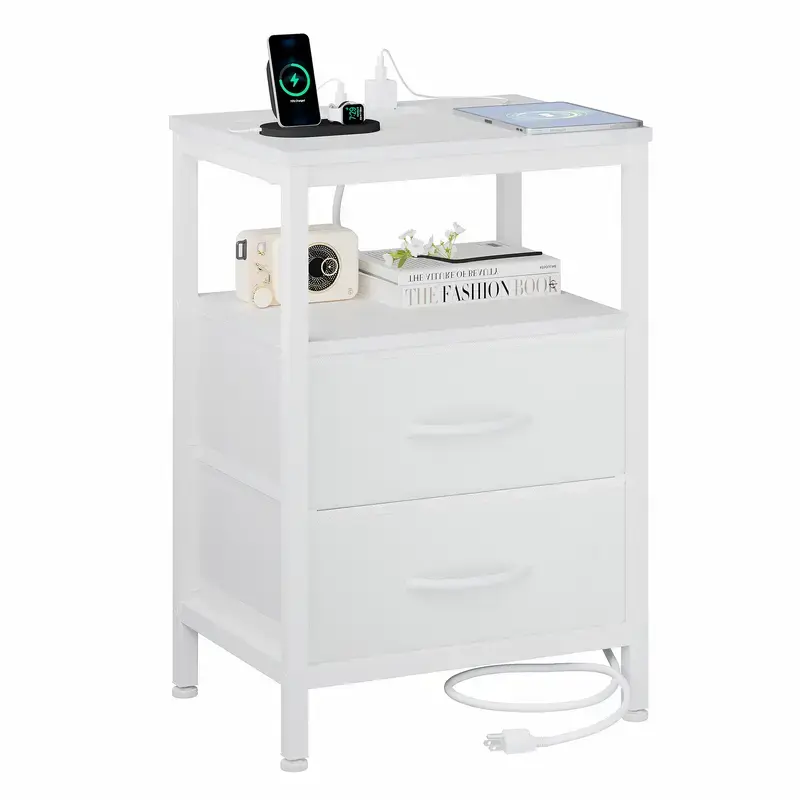 Nightstand with Charging Station and 2 Fabric Drawer, Bedside Table Furniture with USB Ports and Outlets