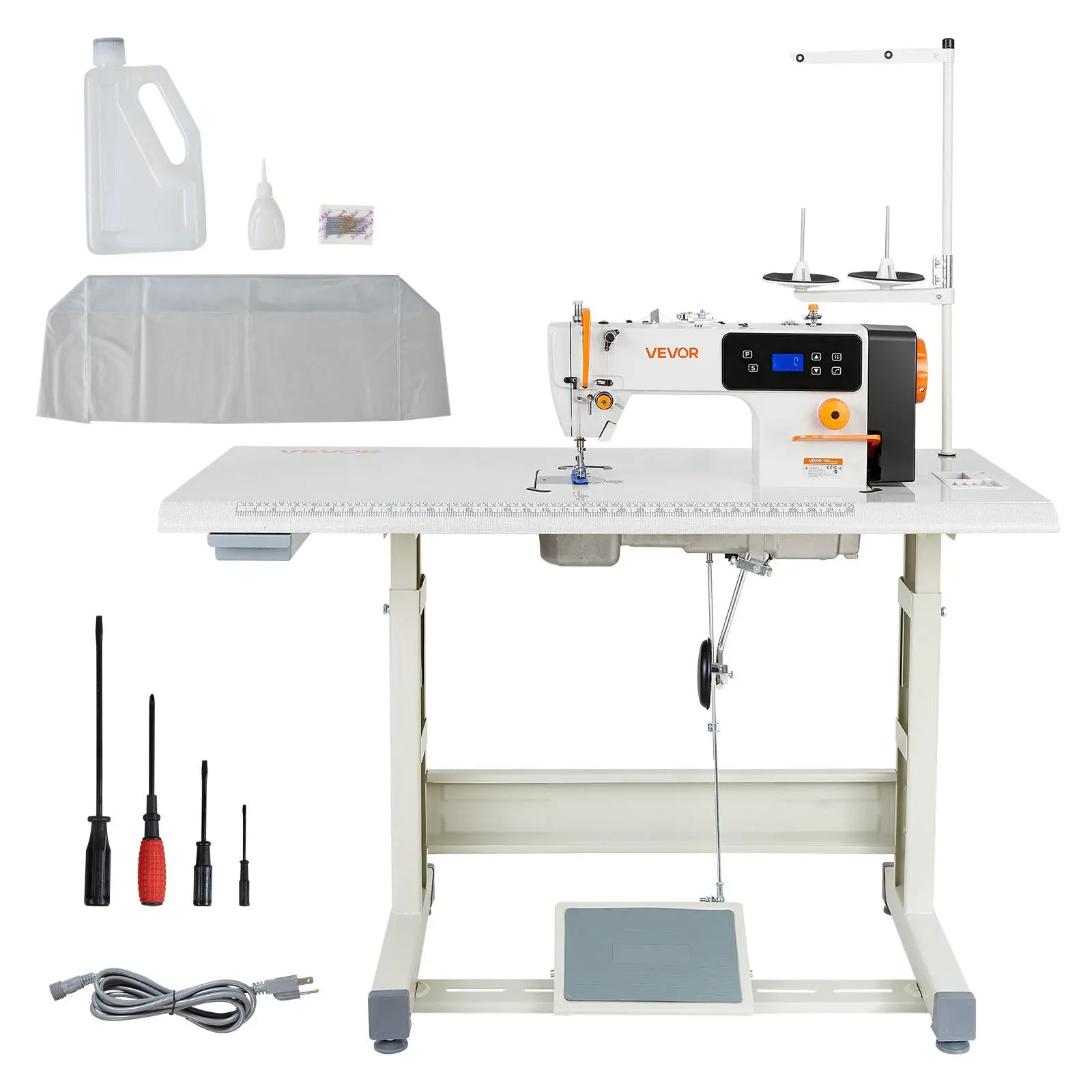VEVOR Heavy Duty Industrial Lockstitch Sewing Machine Kit, 550W Quiet Adjustable Speed Servo Motor with Table Stand, 5000 SPM High-Speed Metal Frame, LCD Panel, LED Light for Cotton, Denim, Leather, Heavy Duty Sewing Machine, Adjustable Speed Sewing Machi
