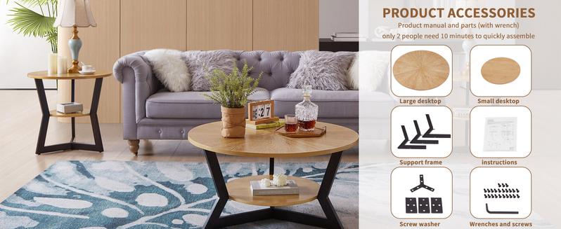 Niccae Modern Coffee Table - Y-Shaped Metal Legs, Wave Texture Wood Top, Organizing Round Table for Small Spaces, Entryway & Bedroom Decor