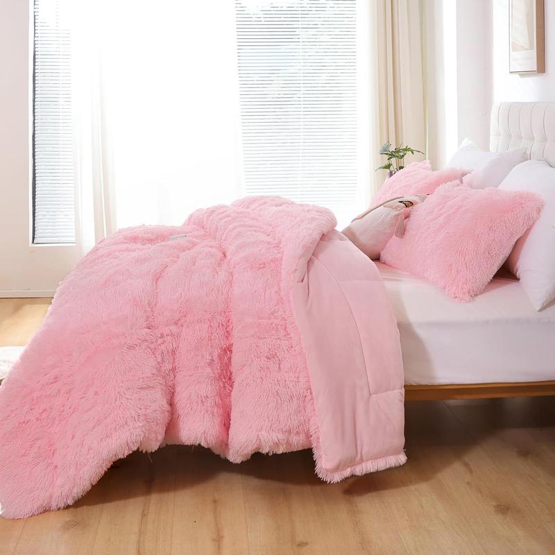 Smoofy 3-Piece Plush Faux Fur Pink Comforter Set - Queen Size Fluffy, Double-Sided Shaggy Velvet Bedding with Comforter & 2 Pillowcases