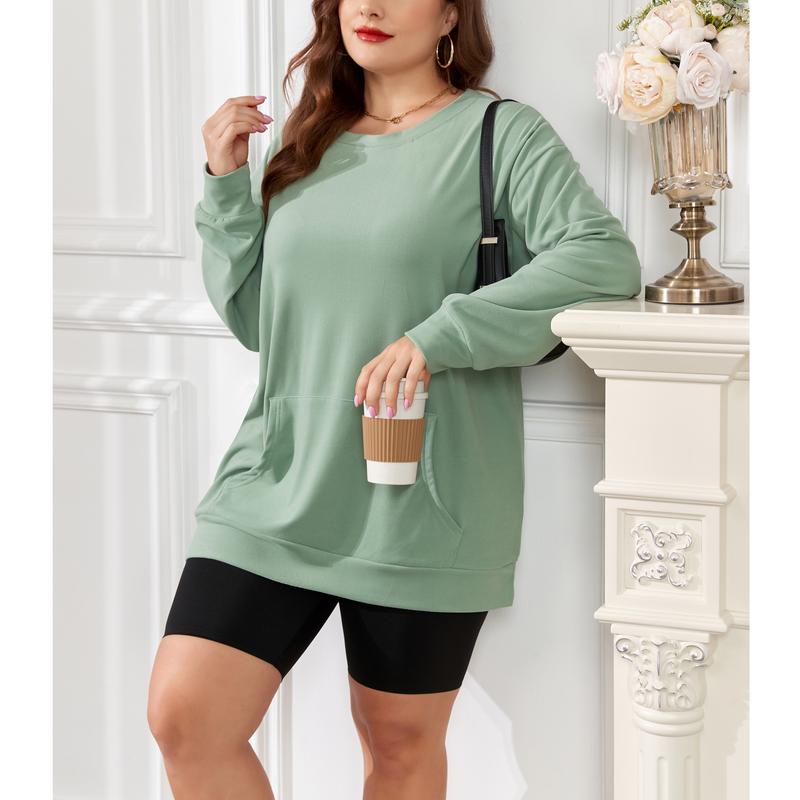 AUSELILY [Plus Size] Women's Crewneck Hoodless Sweatshirt With Kangaroo Pocket  Fleece Longsleeve Casual Style Shirt  Lightweight Pullover