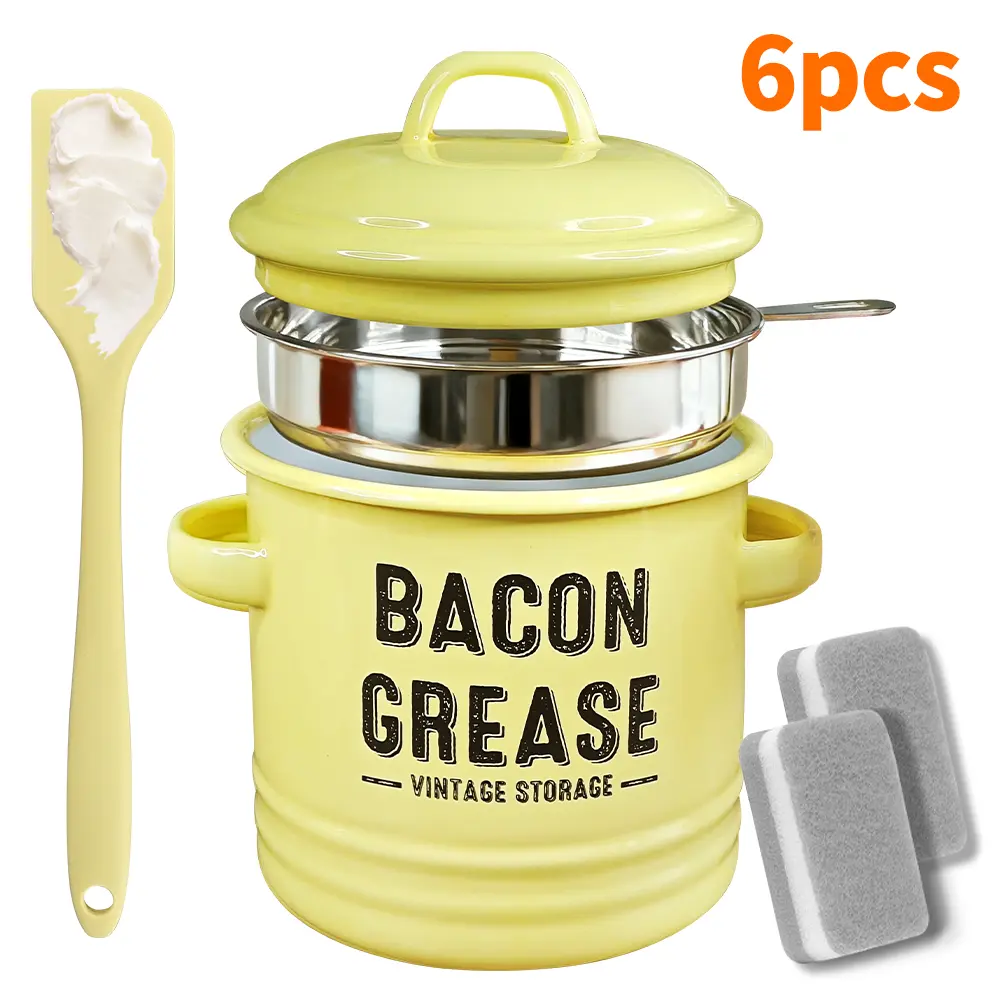 Bacon Grease Container with Strainer & Food-Grade Silicone Spatula& Silicone brush.Keeper, Kitchen Oil Dispenser with strainer & Lid, Olive Oil Dispenser, Bacon Grease Container,Large Enamel Rustic Farmhouse Fat Container. Kitchen Gadgets Clearance