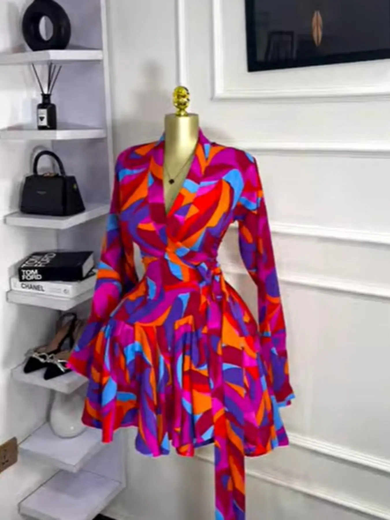 PULKRITU Elegant Aesthetic Women's Tie-Dye Polka Dot Print Flare Long Sleeve Dress, V-Neck Bow Hem, Fall Winter Wear, Elegant Vacation Party Birthday Dress,Lady Skirt,Casual Dresses,Female Brunch Dresses,Music Festival Dress,Fashion
