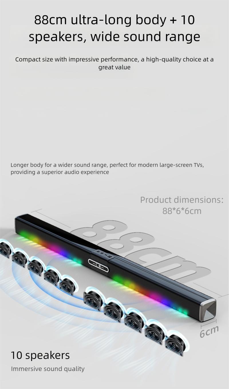 HUICHANG 10-Speaker RGB Soundbar – Wireless Bluetooth 5.3 Slim 34.6” Design,  Deep 9D Bass, TWS Stereo, Piano Black Finish, AUX/USB/Coaxial Inputs, Perfect for Home Theater, TV, Gaming & Party Smartphone Audio，Black Friday, gifts，New Year's Party