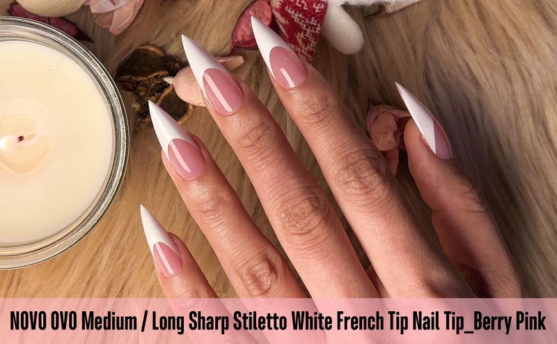 NOVO OVO White French Tip Sharp Stiletto Pointed Medium Long Nail Tips Press on Berry Pink,Soft Gel Fake Acrylic Extension, Full Cover False Nails for Salon DIY x 16 Sizes 160 pcs【NO GLUE ,TOP COATAND LAMP INCLUDED】