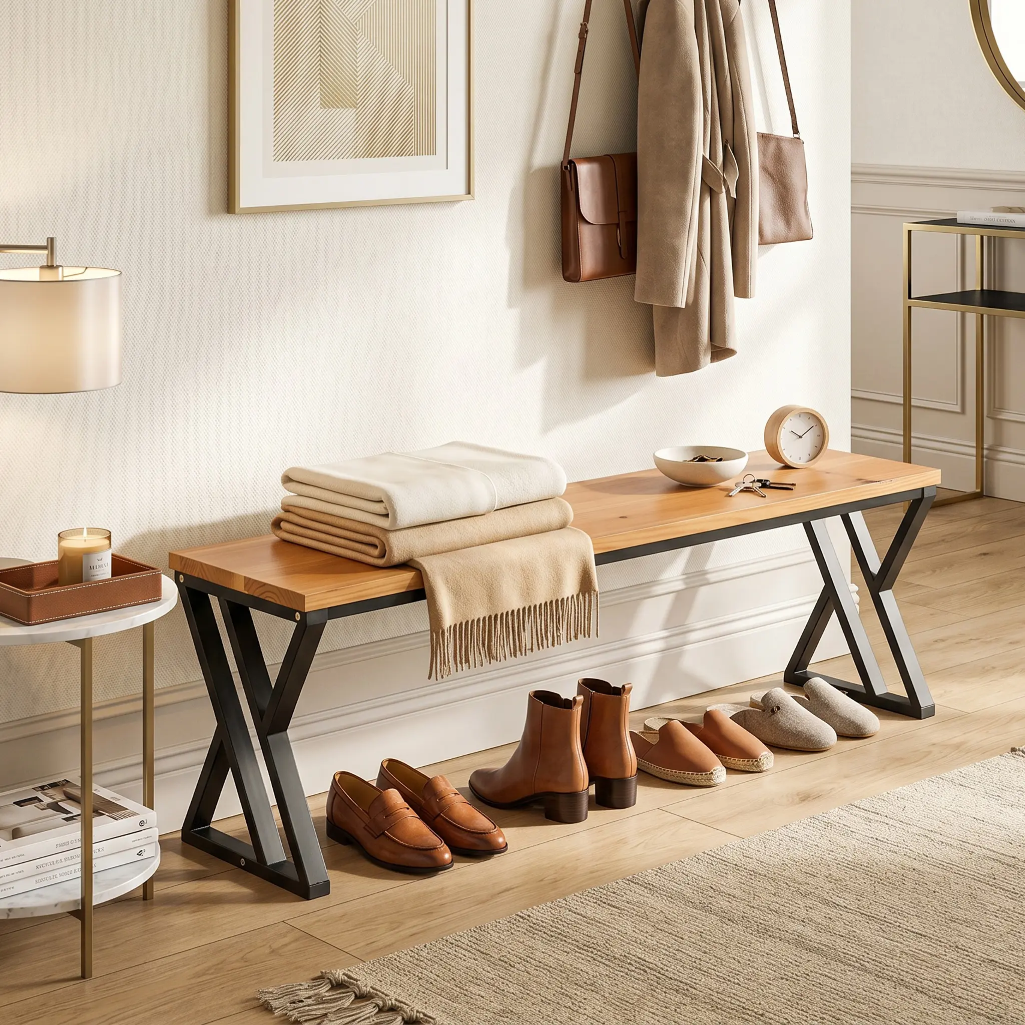 Spaco 55" Long Entryway Bench – Light Natural Wood & Black Metal X-Legs,  for Modern Foyer, Bedroom or Mudroom