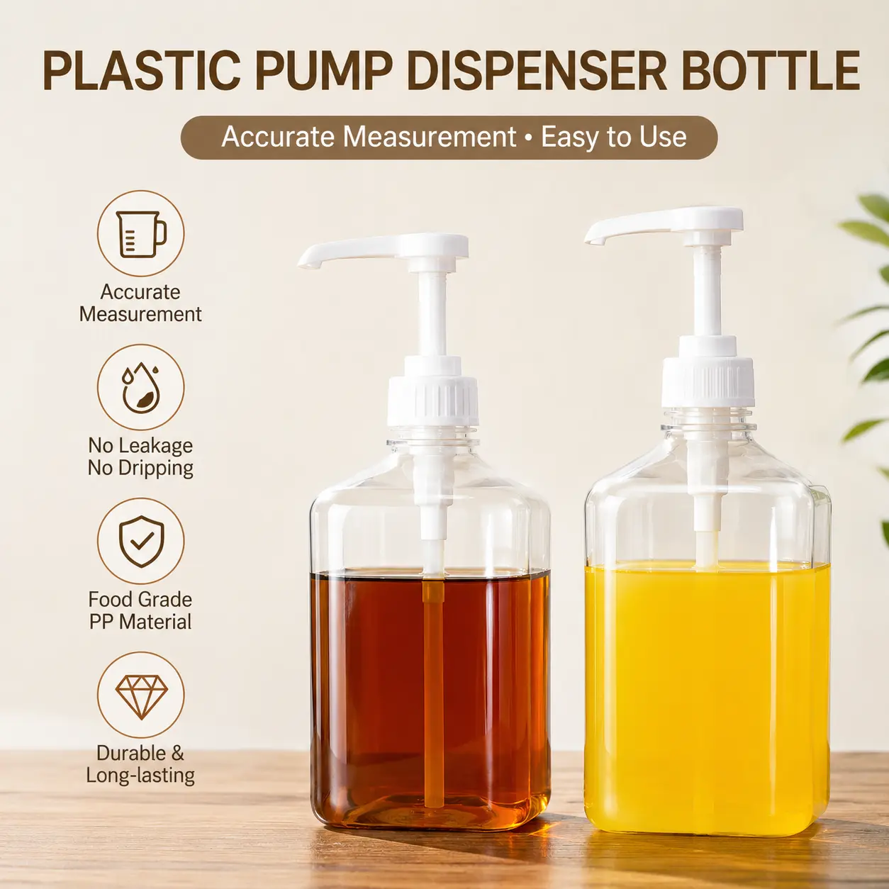 1 Count Plastic Syrup Pump Dispenser Bottle, Food Grade PP with Clear Measuring Scale, for Bubble Tea Shop Kitchen and Bar Use