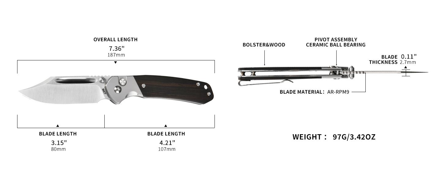 CJRB Bowie Pyrite Pocket Knife, EDC Knife, Folding Knife with 3.15'' AR-RPM9 Steel Blade, Hunting Knife with Wood Handle for Camping and FathersDayGift