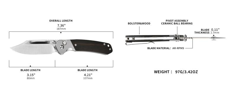 CJRB Bowie Pyrite Pocket Knife, EDC Knife, Folding Knife with 3.15'' AR-RPM9 Steel Blade, Hunting Knife with Wood Handle for Camping and FathersDayGift