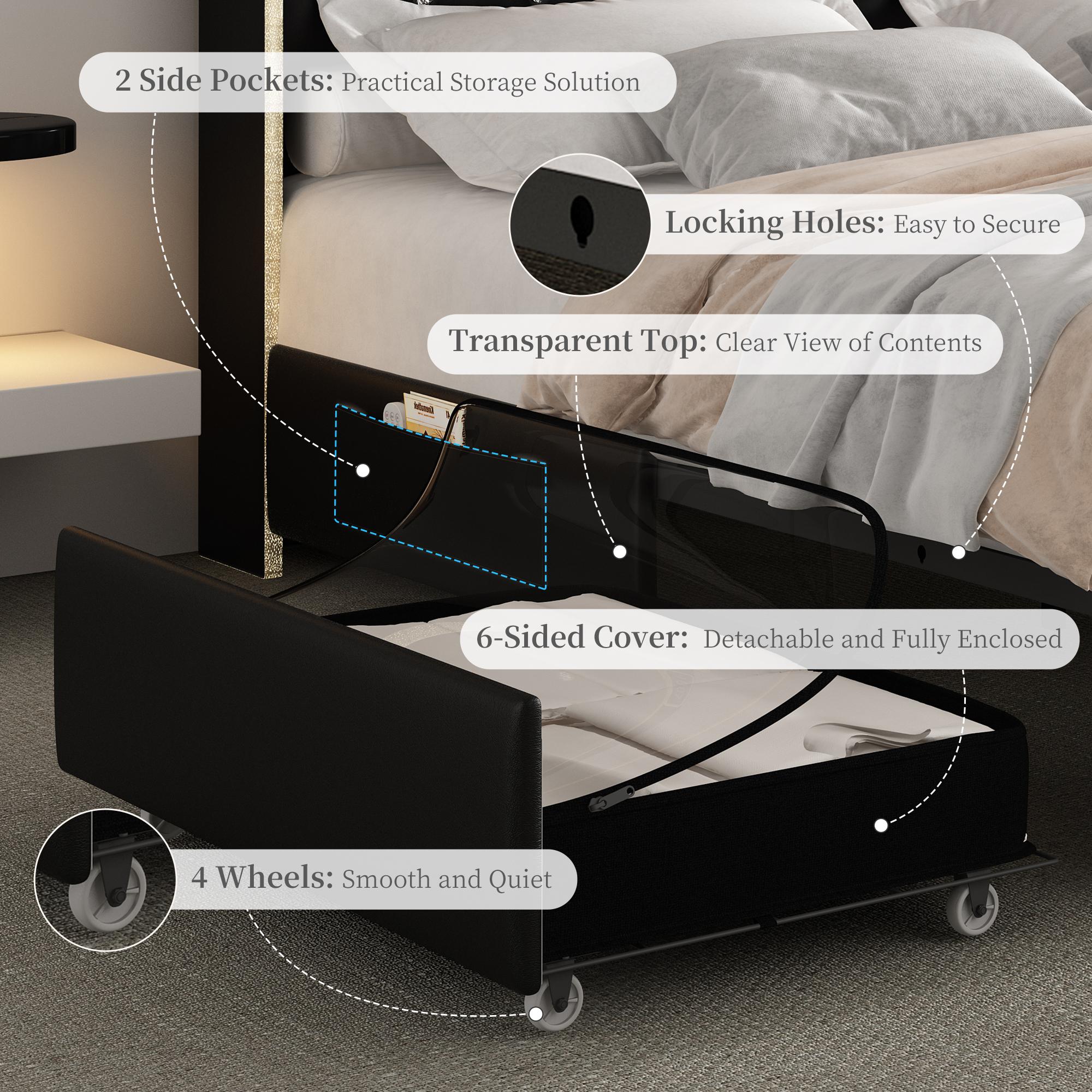Modern Queen LED Bed Frame with Galaxy Aurora Projector, 52" Upholstered Headboard with Charging Ports, 2 Storage Drawers, Noise-Free Platform, No Box Spring Needed – White / Black / Gray PU Leather
