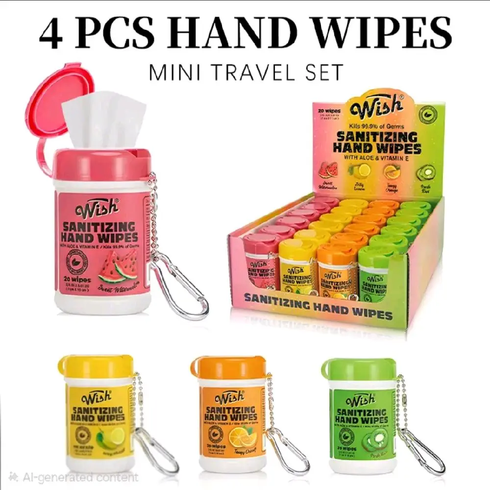 4-Pack Hand Wipes Canisters (80 Wipes Each) – Mini Travel Wet Wipes with Kiwi, Orange, Watermelon & Lemon Scents – Portable Cleaning Wipes for Travel, Outdoor Picnics, Kitchen, Bathroom, Household Cleaning & Dish Cleaning