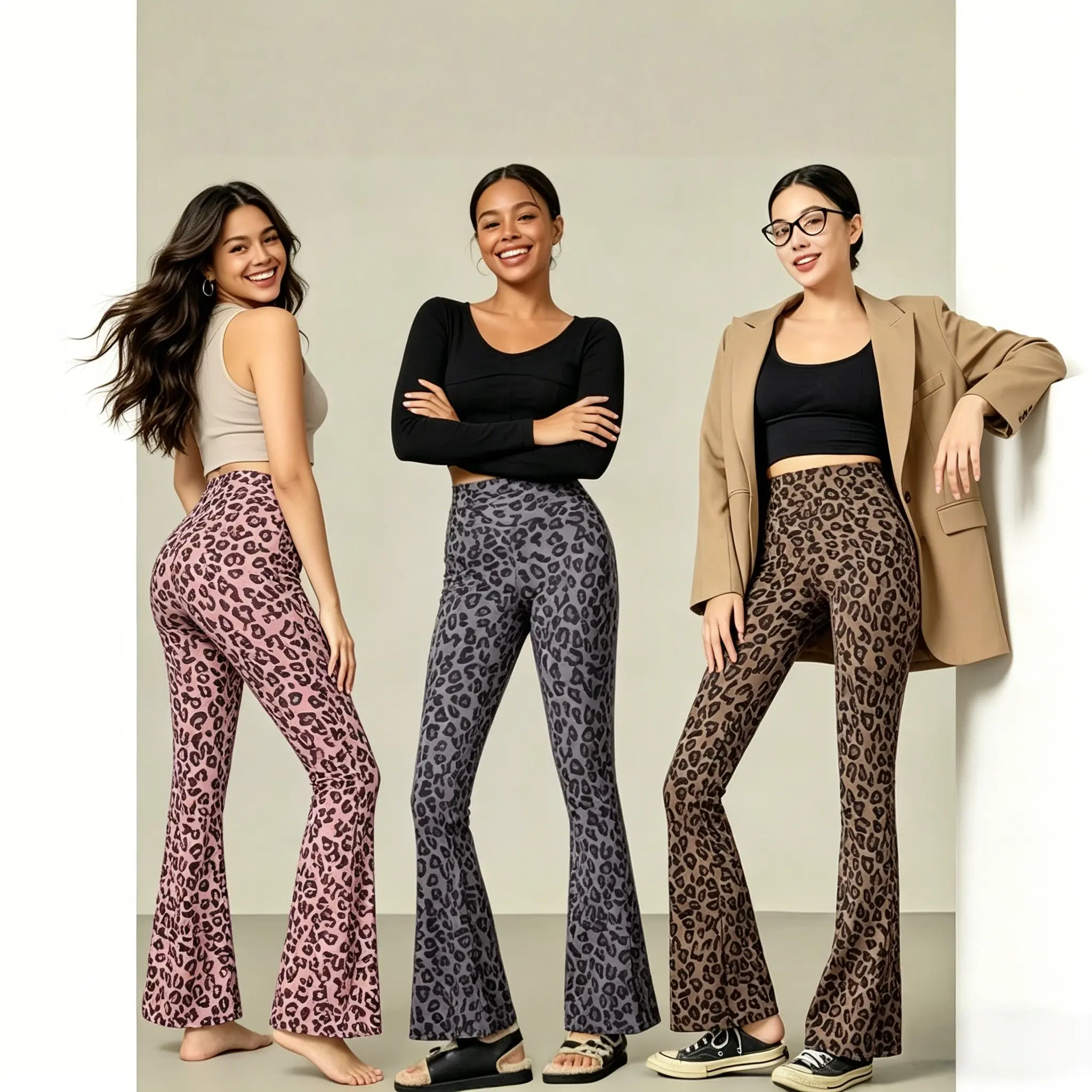 HH     Women's Leopard Print High-Waisted Flare Pants - Stretchy & Seamless, Versatile All-Season, Butt-Lifting & Tummy Control, Slimming Curves for Gym, Yoga & Daily Wear Womenswear Bottom Spot Hip
