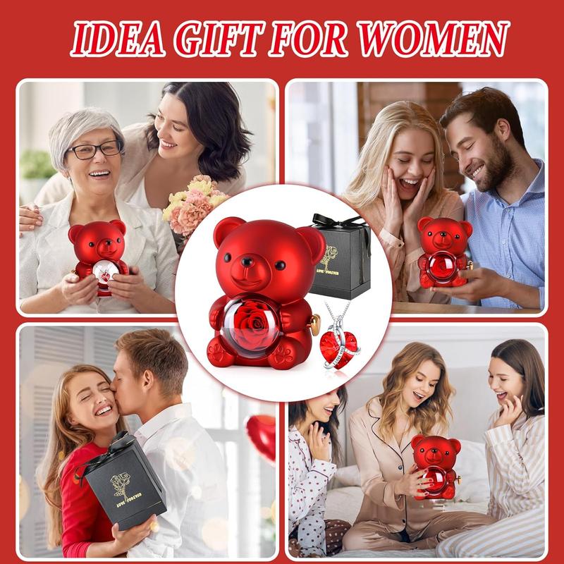 Cute Teddy Bear with Preserved Rose,Eternal Flowers Rotating Rose Box with Necklace Romantic Gift for Her in Valentine's Day, Mother's Day,Weddings,Anniversaries,and Bridal Showers