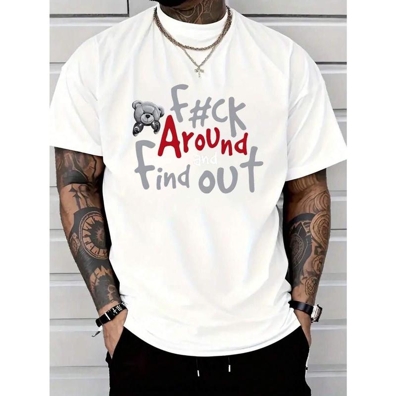 Men's Casual 100% Cotton T-Shirt with Boxer Bear Graphic - "FK AROUND AND FIND OUT" Print, Black, Short Sleeve, Round Neck, Machine Washable, All-Season Comfort