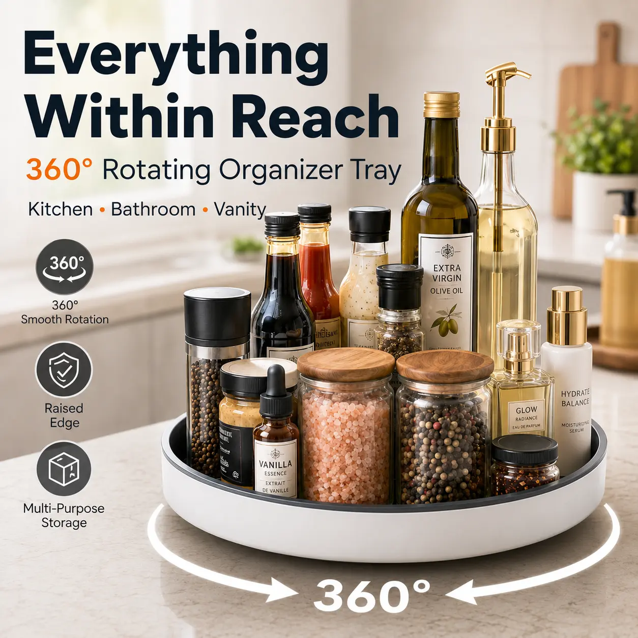 Round Black & Gray 360° Rotatable Smooth Household Lazy Susan Turntable, Non-Slip Organizer Tray (2 Sizes) for Kitchen Countertop, Bathroom Storage, Indoor Use, Vanity, Minimalist Bathroom Gadgets Bathroom Accessories Organizer