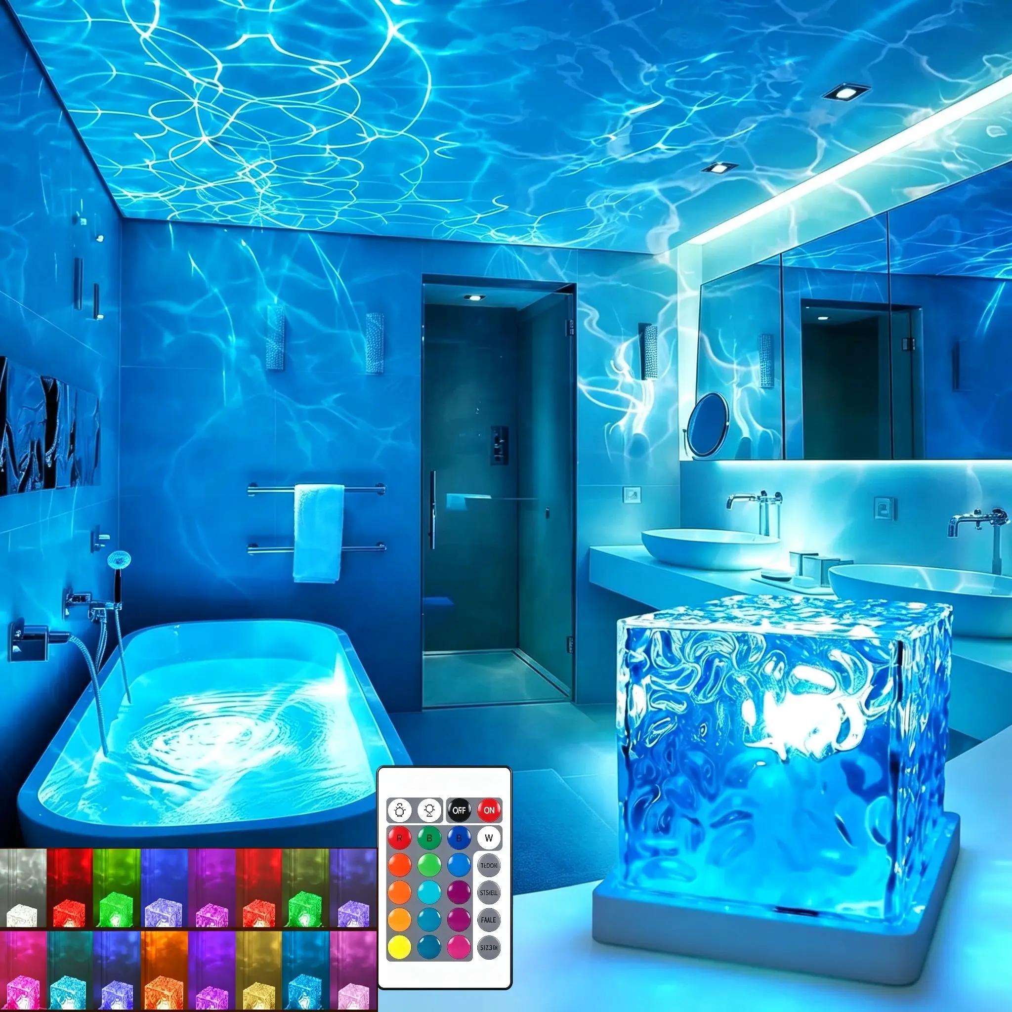 Rechargeable Shower Light No Wiring, 16 Color Changeable Ocean Wave Projector Light, Dimmable Waterproof Shower Lamp with Remote, Rotating Flame Water Ripple Lamp for Shower, Bathroom, Bedroom Decor