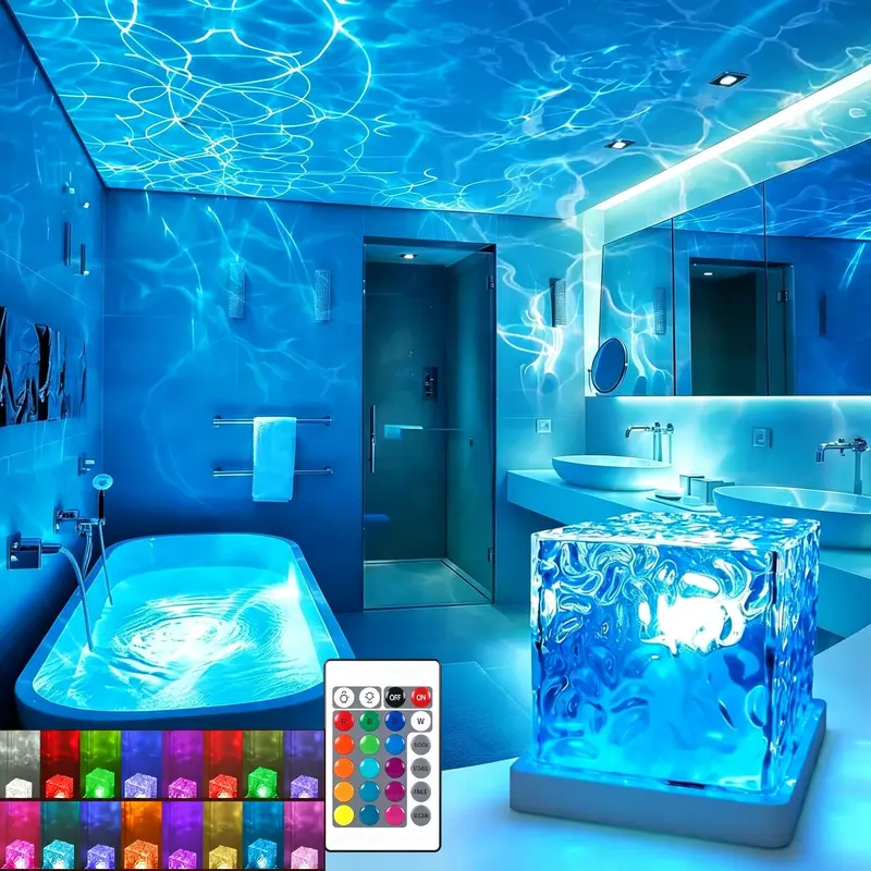Rechargeable Shower Light No Wiring, 16 Color Changeable Ocean Wave Projector Light, Dimmable Waterproof Shower Lamp with Remote, Rotating Flame Water Ripple Lamp for Shower, Bathroom, Bedroom Decor