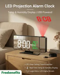Projection Alarm Clock with 180° Rotating Projector 4 Levels Dimmable Mirror Projection Clock Large Display Digital Projection Alarm Clock Decor