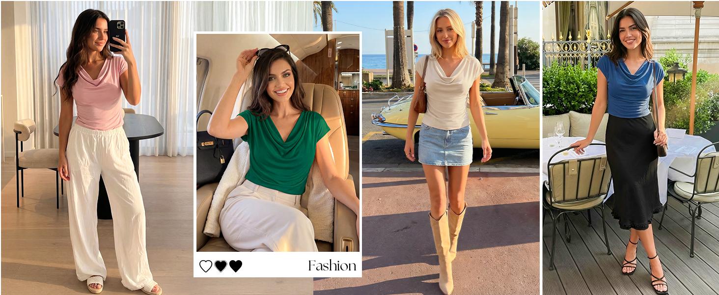 ZESICA Women's Summer Short Sleeve Business Casual Tops 2026 Cowl Neck Knit Shirts Spring Work Dressy Blouses