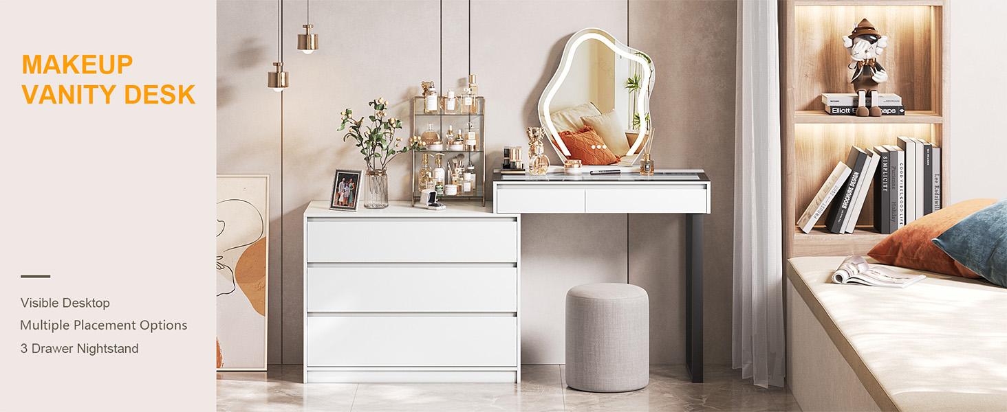 Miu Extendable Dressing Table with Drawers and Dresser, Corner Vanity Desk with Mirror，5-drawers，3-color-light
