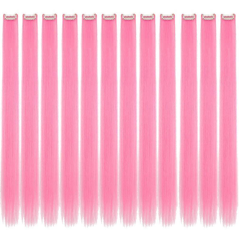 24" Pink Clip-in Hair Extensions - Synthetic Straight Colorful Hairpiece for Party, Cosplay & Kids Gift (12PCS Pack)